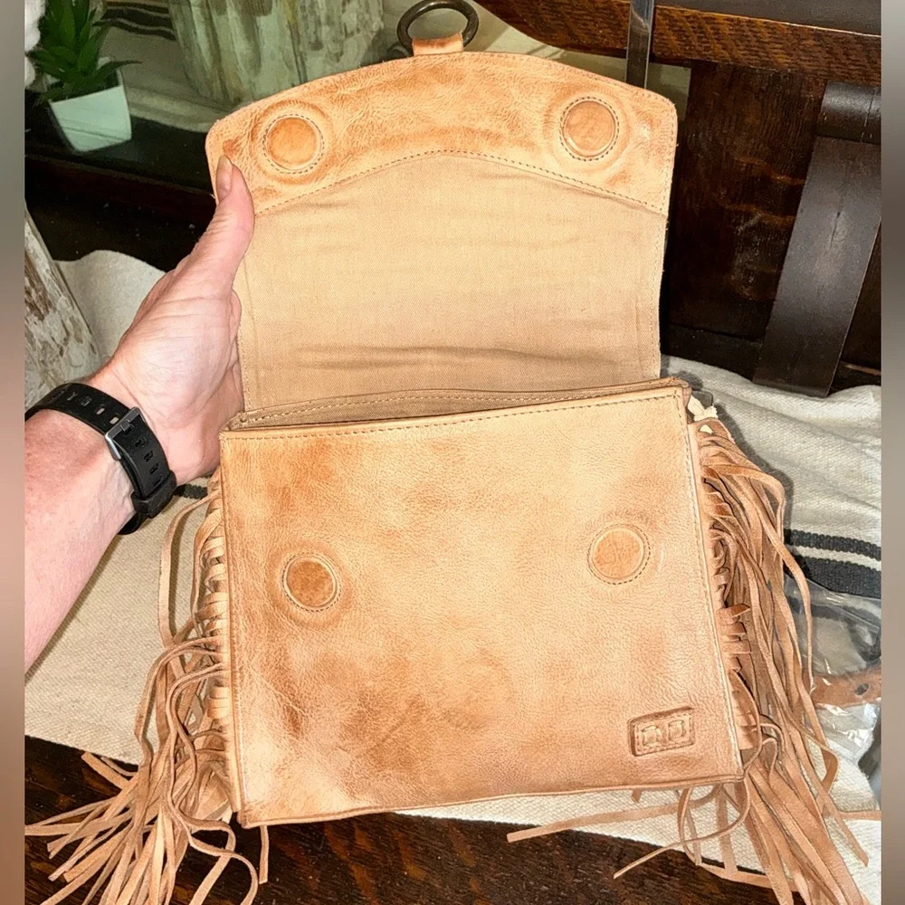 NWT Bed Stu Fringe Leather Hidden Crossbody Bag Handbag Tan DD  Retail $245